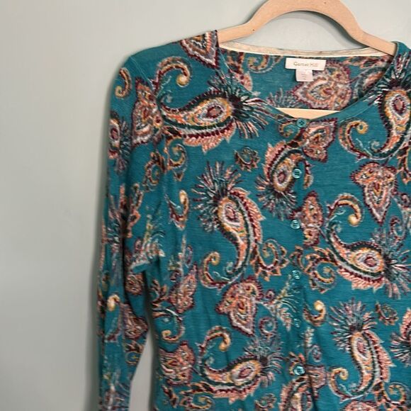 Garnet Hill 100% Merino Wool Paisley Print Button Down Top Cardigan Teal - Picture 2 of 7